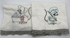 Vintage Embroidered Kitschy Anthropomorphic Mice Tea Towels 100% Cotton picture