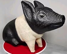Vintage KEN HOLZER 1990 Carved Folk Art Wood Pig Black White Hog Door Stop Paper picture