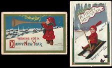 c1909 Lot of 2 New Years A/S Bernhardt Wall~Vintage Postcards~Horn & Sledding picture