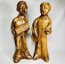 Pair large retro wood carvings 2 musicians Large 15.5” tall picture