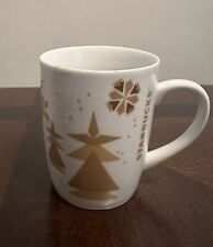 2013 Starbucks Coffee Mug White Holiday 12 Ounces Gold Geometric Christmas Trees picture