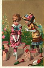 1880s-90s Young Girls Playing with Toy Houses H.E. Robinson & Co. Brockton MA picture