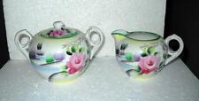 Vintage MIJ Ceramic Hand-Painted Scenic Pink Rose Covered Sugar & Creamer Set picture