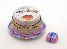 New French Limoges Trinket Box Happy Birthday Cake on Platter with Balloons picture