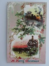 1909 Antique Postcard Embossed Merry Christmas Snow Scene Berries Pine A1616 picture