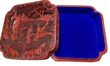 Large 7 x 7 Vintage Chinese Carved Red Cinnabar Lacquer Box Felt Lined picture