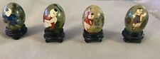 Vintage 1992 Chinese Hand Painted Jade Eggs & Cloisonné Enamel Egg & Wood Stands picture