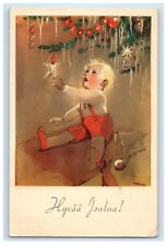 1948 Merry Christmas Hyvaa Joulua Baby Playing Christmas Decor Finland Postcard picture