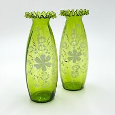 2 Antique 1890s Handblown Green Glass Vases w/White Enamal Florals 8