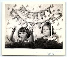 1951 MERRY CHRISTMAS FROM THE CROPPS 2 CUTE GIRLS CANDLES CARD PHOTO Z799 picture