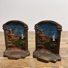 Vintage PolyChrome Cast Iron Bookends Windmill Sailboat Birds Dutch Style picture