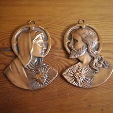 Pair Vintage Jesus Christ Mother Mary Copper Metal Religious Symbols Hanging Art picture