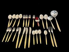European Stainless Gold Plated Handles Knife Fork Spoon Teaspoon 27pcs Stamped picture