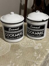 2 VINTAGE ENAMEL COOKWARE White/Black Letters Metal CANISTERS w/Lids 6x5 picture
