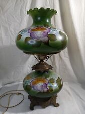 Vintage Hurricane Parlor Lamp Hand Painted Lg 25” Gwtw Style Green Purple READ picture