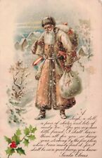 Old World Santa Claus Brown Coat Carries Toys Snow Scene Christmas Postcard picture