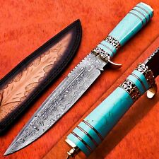 Custom Handmade Damascus Steel Hunting Knife With Sheath, Turquois Stone Handle  picture