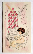Vintage 1959 Girl Angel playing Organ Glitter Christmas Seals Envelope & Card picture