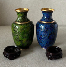 Pair of Vintage Cloisonne Chinese Vases 1 Blue, 1 Green with Wooden Bases picture