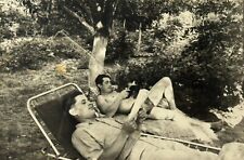 1954 Two Shirtless Muscular Handsome Men Lying on folding bed Gay int Vint Photo picture