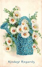 Vintage Postcard 1910s Kindest Regards Greetings Blue White Flowers Watering Pot picture