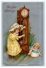 1908 New Year Greetings Two Girls Hiding Cat Clock Winsch Back Antique Postcard picture