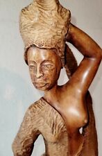 VTG. LG. Haitian Hand Carved Wood Figure Statue Folk Art Woman Signed C. Simeon picture
