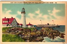 Postcard Linen New York Steamer Ship Passing Portland Headlight Portland Maine picture