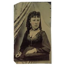 Curly Locks Young Woman Tintype c1870 Antique Girl 1/6 Plate Lady Photo A3432 picture