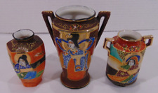3 Vintage Japanese TT Takito Satsuma Moriage Hand-Painted Small Vases picture