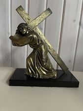 VTG Bronze Jesus Christ Statue Carrying the Cross Marble Base Church Decoration picture