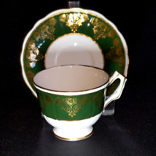 AYNSLEY GREEN & GOLD Footed Porcelain Tea Cup & Saucer 2903 picture