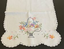 Vintage Embroidered  / Cross Stitch Colorful Dresser Scarf * Crochet Border * picture