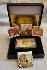Zimbabwe Silver Gold Bar COA Box Old Zebra Rhino Stamps Case Africa Hut HIV Aids picture