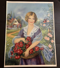 ATQ 1920s Litho Calendar Sales Sample Print Blonde WOMAN Holding Roses 15 X 20 picture