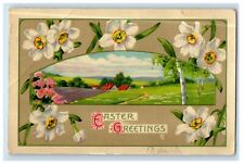 c1910's Easter Greetings Houses And White Flowers Posted Antique Postcard picture