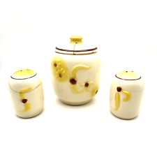 VTG MCM HULL POTTERY Grease Jar #43 Salt & Pepper Shaker Yellow FLOWERS Set of 3 picture