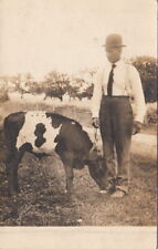 RPPC Postcard Man Feeding Baby Cow Calf c. 1900s  picture