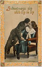 Antique German Sweetness Sip Lip to Lip Valentine Postcard Signed Wall 1913 picture