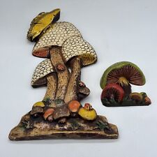 Vintage 70s Wall Decor Mushrooms Butterfly Plaster Ceramic Two Piece Mixed Set picture