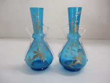 2 Antique Hand Painted Blue Glass Floral Small Vases picture