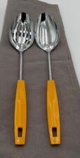 2 Vintage Ecko Yellow Handled Chromium Plated Spoons Slotted Serving picture