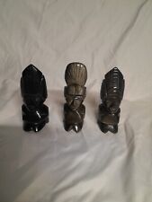 Gold Sheen Black Obsidian Stone Hand Carved Mayan Aztec Incan Figures Lot Of 3 picture
