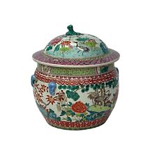 Vintage Chinese Turquoise Ceramic Enamel Flower Birds Theme Fat Jar ws3527 picture