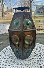 VINTAGE ANTIQUE LEADED & STAINED GLASS HANGING CEILING LAMP PORCH LIGHT FIXTURE picture