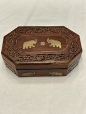 Beautiful Vintage Wooden Hand Carved Floral Jewelry Box w/Inlay Brass Elephants. picture