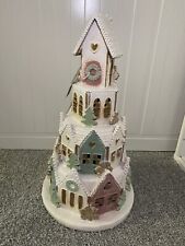 New HTF LARGE 16” Tinsel And Fir Pastel  Gingerbread House Castle Light Up picture