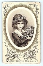 Victorian Girl Egg Black & White Flowers Embossed Best Easter Wishes Postcard E4 picture