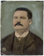 LARGER THAN FULL WHOLE PLATE HAND COLORED TINTYPE PHOTO MUSTACHE MAN LOOKS UP picture