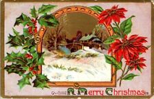 Vintage Postcard - A Merry Christmas Holly and poinsettias winter scene 1910 picture